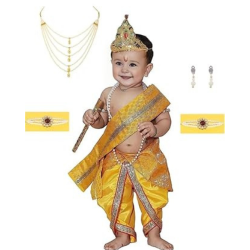 Special Shri Krishna Dress for Baby Boy & Girl, Janmashtmi Dress with Diaper-friendly Dhoti & Dupatta, Mor Pankh Mukut